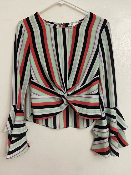 Bar III Tops - Bar III Striped Twist-Front Blouse - Black, Red & Mint Green Bell Sleeve